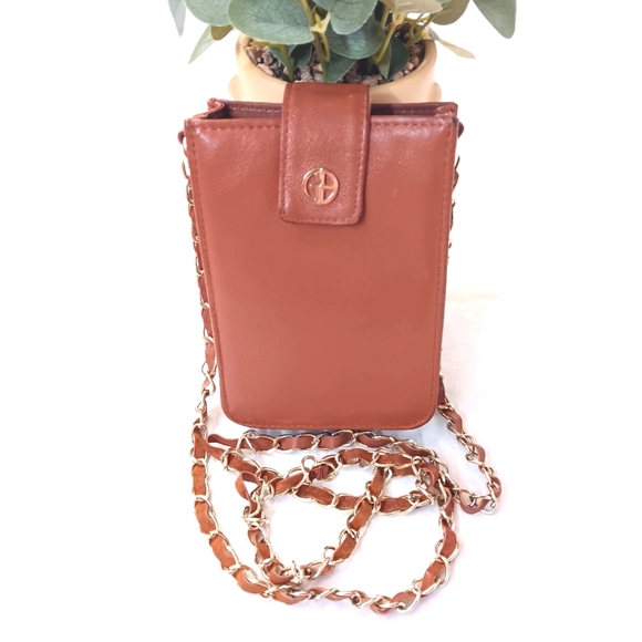 Giani Bernini Leather Mini Crossbody | EUC | Camel with Goldtone Chain - Picture 1 of 16